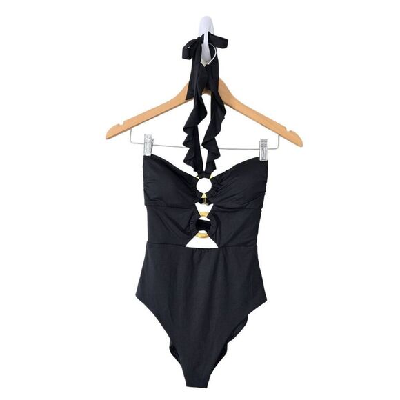 Soluna One-Piece Swimsuit Size Small Black Ruffle Strappy NWT - Picture 4 of 10
